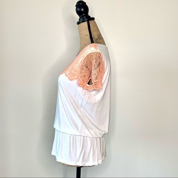 Ann Taylor Peach Lace Trim Sleeve Drop Waist Tee - Picture 2 of 10